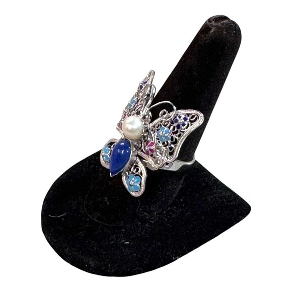 Butterfly Enamel Sterling Silver Ring Lapis Lazuli Pearl Accents Cloisonne 925 - Picture 2 of 11